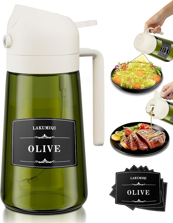 Oliver Oil Sprayer Dispenser for Cooking Bottle 16oz Green Glass White | 2-in-1 Lightproof Borosilicate Glass Oil Bottle, Wide Mouth for Easy Refill Clean