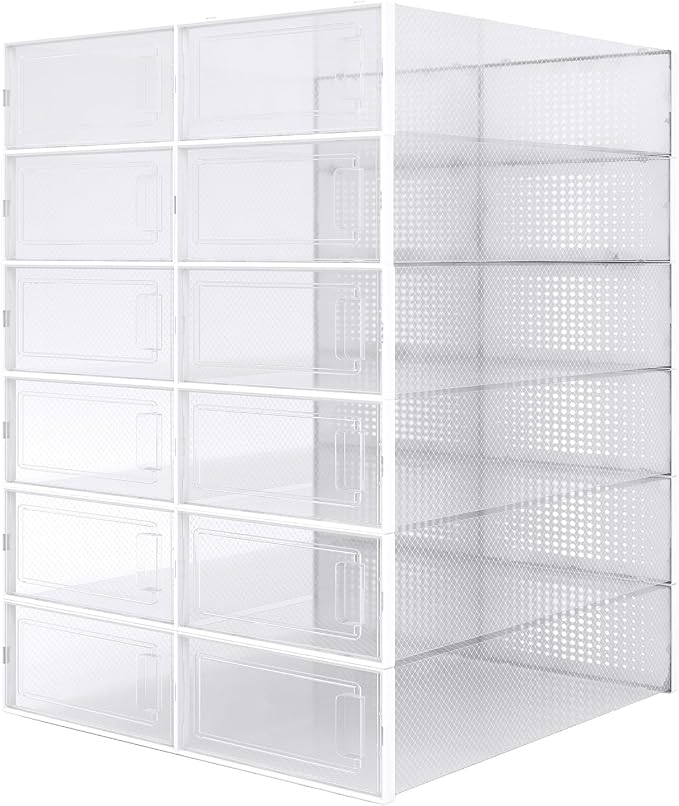 12-Piece Extra Large Boot and Shoe Storage Boxes, Stackable Clear Plastic Shoe Organizer, Space-Saving Shoe Boxes for Boots, Sneakers, and High Heels, Clear