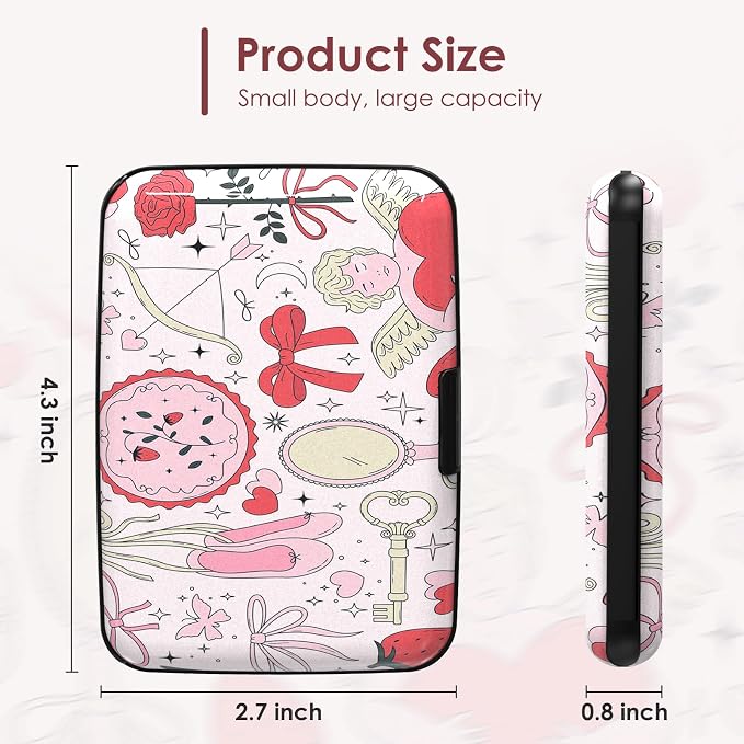 Credit Card Holder for Women, RFID Blocking Aluminum Hard Card Case, Mini Metal Wallet for Business Travel, Pink Bow Love