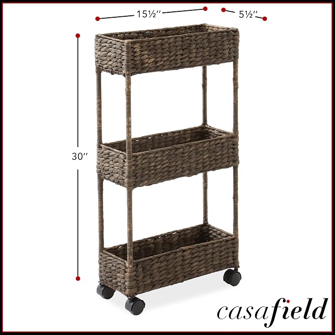 Casafield 3-Tier Slim Rolling Storage Cart - Espresso Dark Brown, Water Hyacinth Utility Cart for Bathroom, Craft Room, Nursery, Laundry Room Organization