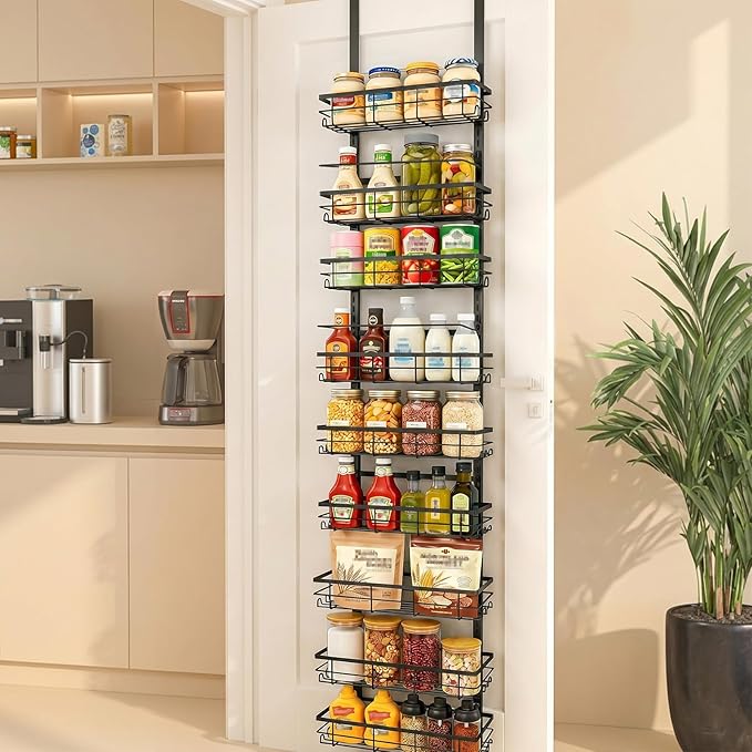 Over the Door Spice Rack 9-Tier Black for Kitchen Pantry | Adjustable 9-tier metal over-door storage rack for kitchen, pantry. Rust-resistant, hooks, suction cups, no-drill.