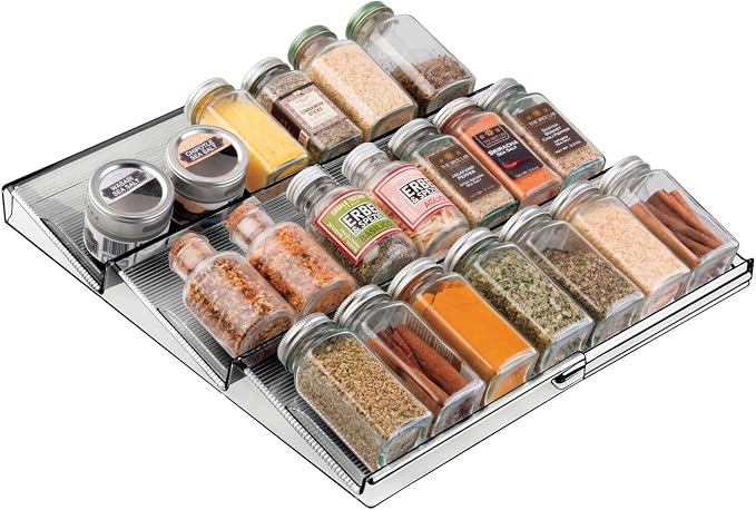 mDesign Expandable Plastic Deluxe Spice Rack, Drawer Organizer for Kitchen Cabinet Drawers, 3 Tier Slanted for Spice Jars, Food Seasoning Bottle Storage, Ligne Collection - Smoke Gray