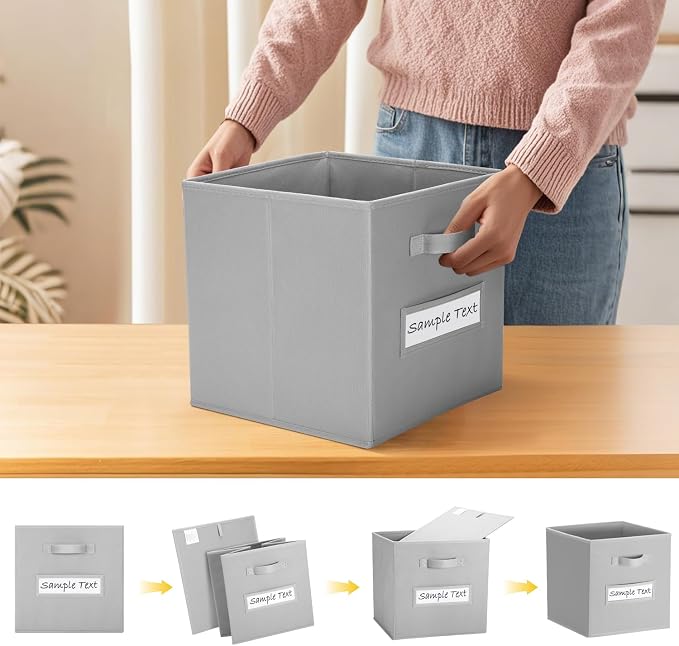 Fabric storage cubes (8 Pack) 11 Inch Cube Storage Bin, cube organizer bins with 8 Labels Window Cards & a Pen, Foldable cube organizer bins and Storage Box, Light Grey