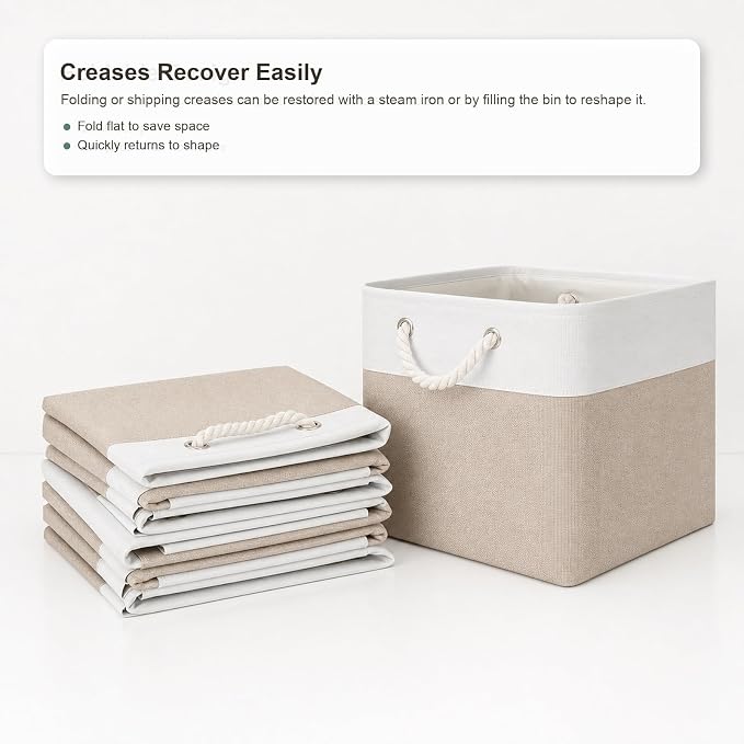 11x11 Inch Cube Storage Bins, 6 Pack Collapsible Fabric Storage Cubes with Rope Handles, Waterproof Foldable Storage Baskets for Cube Shelves, Closet, Clothes, Toys, Books, White & Beige