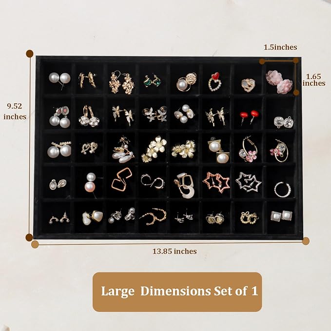Large Jewelry Organizer for Drawer Insert Velvet Stackable Jewelry Trays for Earring Necklace Bracelet Ring Display (Black, 40 Grids)