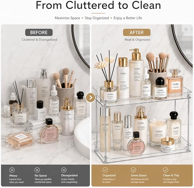 2 Tier Clear Bathroom Counter Organizer, Vanity Organizer for Skincare Makeup Perfume, Multi-Purpose Storage Shelf for Bathroom Kitchen Bedroom