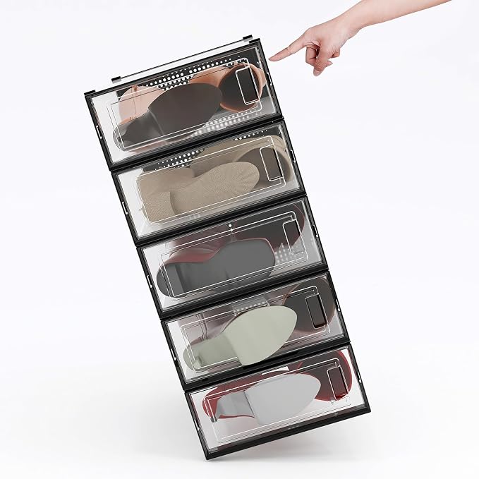 12-Piece Boot and Shoe Storage Box, Stackable Clear Plastic Shoe Box, Space-Saving Shoe Organizer for Boots, Sneakers, and High Heels, Black