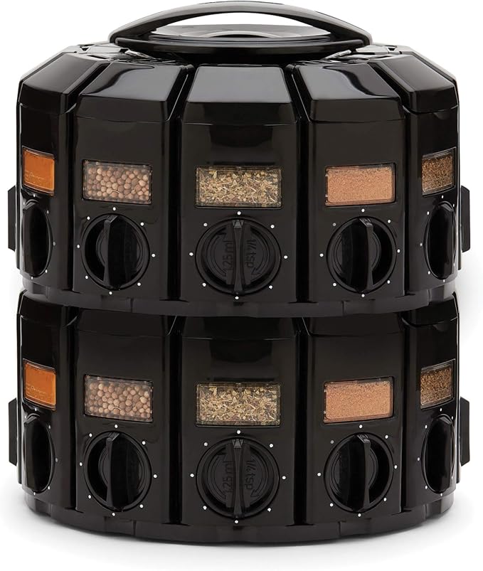 Kitchen Art Spice Rack Select-A-Spice Auto-Measure Carousel 12 Compartments Black 8.75 x 8.75 x 6 inches | 12 Spice Canisters | 55 Labels Included | Revolving Spice Rack | Each Jar Dispenses 1/4 Teaspoon With Each Twist | Mountable