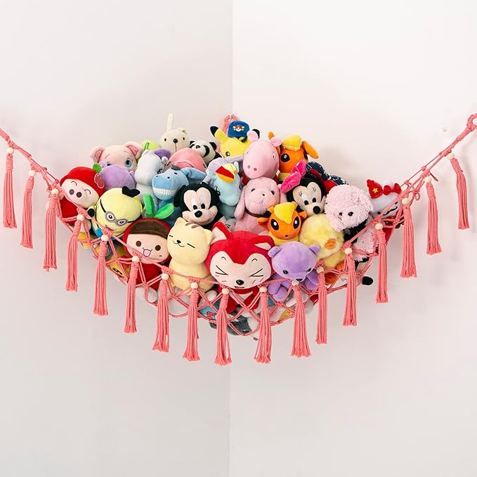 MAKEONEWO Stuffed Animal Toy Hammock Hanging-Handmade Large Pink Macrame Organizer Display Corner Plush Toys Net Holder for Boho Girl Nursery Playroom Bedroom Kids Room Storage, 1 Pack