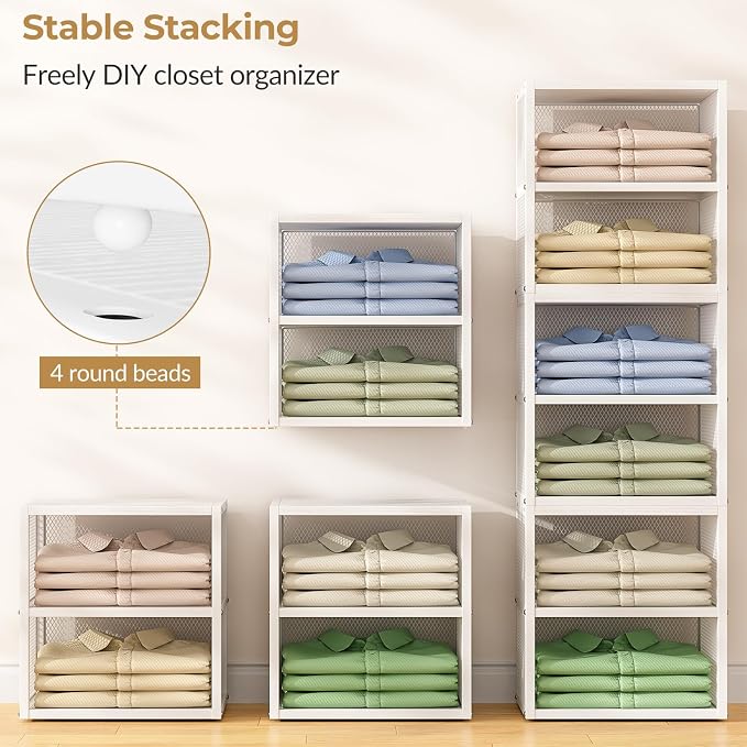DAOUTIME 4-Tier Stackable Closet Organizers and Storage Shelves, Closet Storage Basket with Wood Tops Extra Storage, Clothes Sweaters Organizer Bins/Cube Storage Drawer for Home Wardrobe, White