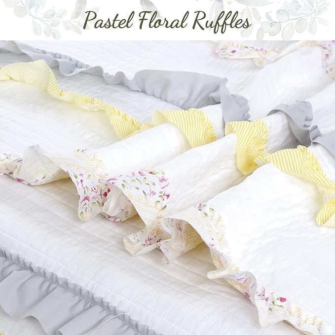 Cozy Line Home Fashions Light Yellow Blue Ruffle Stripe Floral 100% Cotton Reversible Girl Quilt Bedding Set, Reversible Coverlet Bedspread for All Season (California Dreaming, Twin-2 Piece)