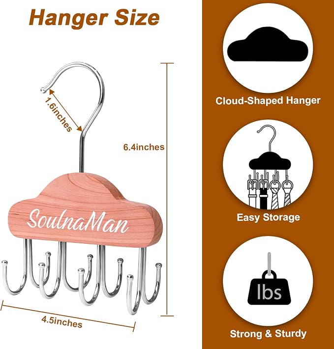Bra Hanger for Closet Organizer, Cedar,2 Pack 8 Hook | Space Saving Wooden Tank Top Hangers with 8 Foldable Hooks & Holds 24 Items, Storage for Bras, Scarves, Belts, Ties and More