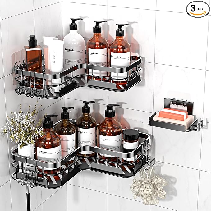 Getsrichfc Large Capacity Shower Caddy, Heavy-Duty Adhesive Shower Organizers with Custom Aesthetic Design Soap, No Drilling Corner Shower Shelves, 5 Hooks for Bathroom Accessories - 3 Pack