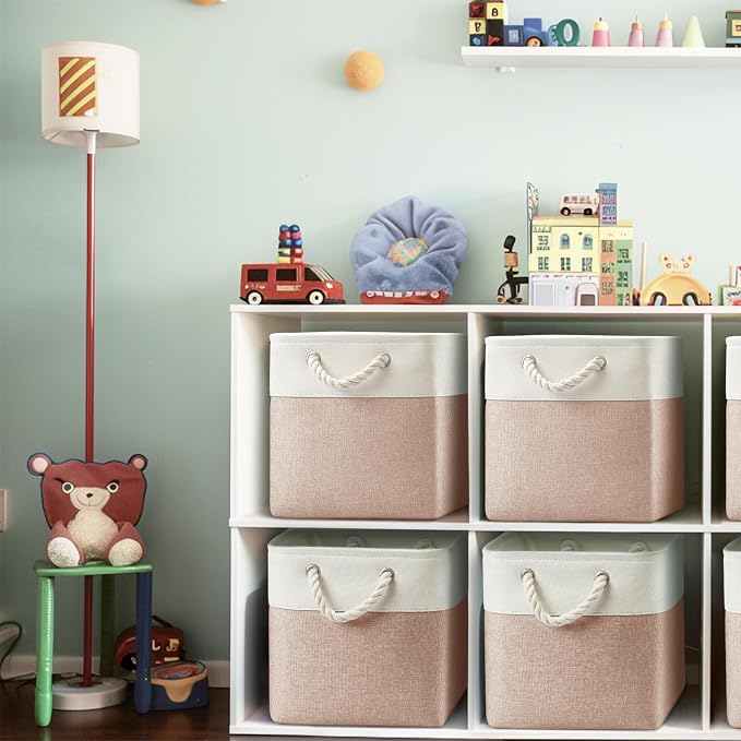 Patvingot Fabric Storage Cubes 13", 4 Pack, with PU Pull Handles,Foldable | For accessories on cube shelves or in closets; reinforced opening, pull-out access, folds flat when empty,white and pink