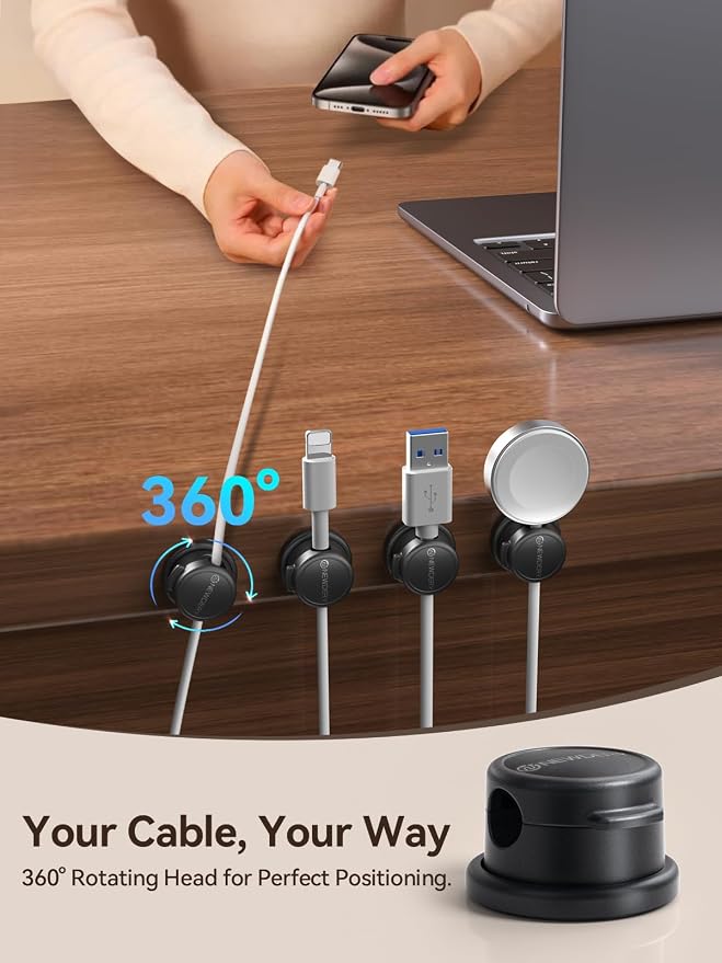 NEWDERY Magnetic Cable Organizer 6-Pack - 360° Rotatable Cable Clips Cord Holder for Desk - 3M Adhesive Wire Holder for Phone Charger, Home Office Accessories & Nightstand Organization-Black