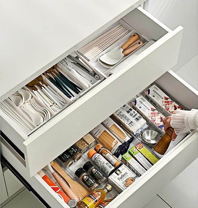 Expandable Drawer Storage Box with 6 Removable Dividers - 2.04" Depth for Light Drawers, Kitchen Utensils, Cosmetics, Office Supplies Organizer (10.43" Length, 20.27" Width)