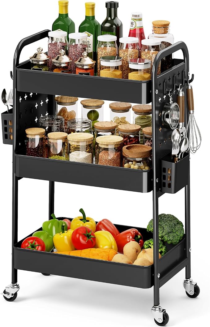 KINGRACK 3 Tier Rolling Cart with DIY Pegboard, Metal Utility Cart with Wheels, Hooks & Baskets, Sturdy Storage Organizer for Craft, Bathroom, Kitchen, Office, Nursery, Classroom