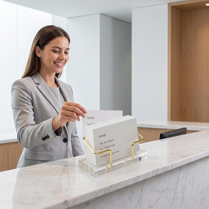 Desktop Business Card Holder, Clear Transparent Base with Gold Plated Metal Stand, Non-slip Business Cards Display Organizer for Office Reception Desk Workspace Clear