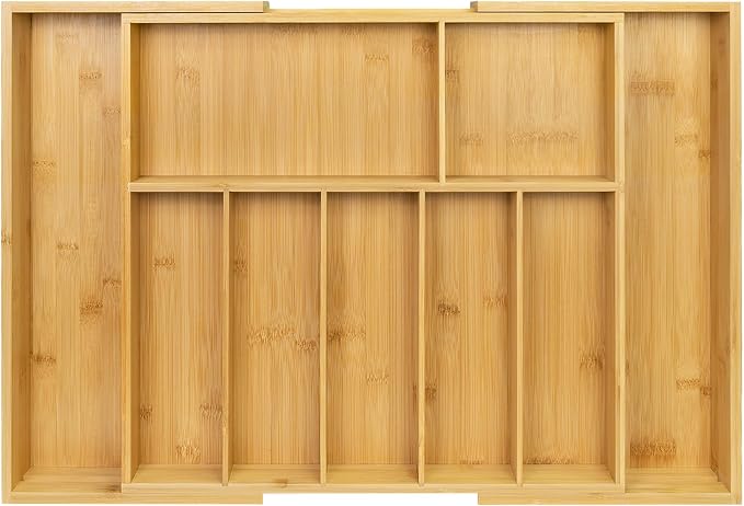 Utoplike Extra Large Kitchen Drawer Organizer, Solid Bamboo Silverware Tray | Expandable Drawers Organizer Holder for Utensils, Cutlery, Silverware, Flatware and Spatulas, with Non-slip Pads, 7-9 Slots