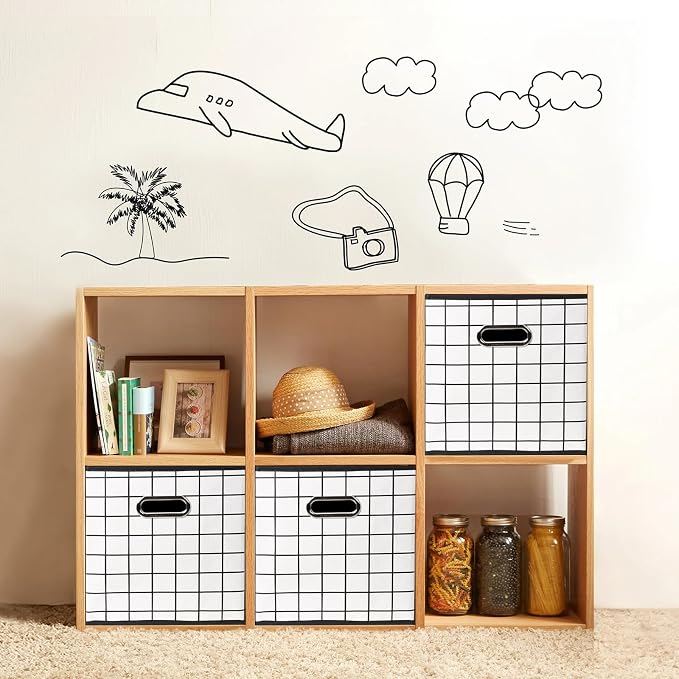 Fabric Cloth Storage Bins,Fabric Cube Organizer with Dual Handles Foldable Cube Storage Baskets for Home Bedroom Storage,Set of 6,(White grid)