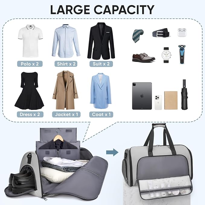 BALEINE Travel Garment Bag, Travel Suit Bag for Men, Water Resistant Carry on Garment Bag for Hanging Clothes, Garment Duffel Bag for Travel Business (Gray-Convertible)