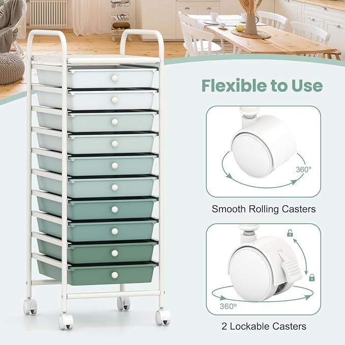 GOFLAME 10-Drawer Rolling Storage Drawer Cart, Utility Cart with Removable Drawers & Metal Frame, Mobile Art Craft Drawer Cart with Lockable Wheels for Home, Office, Studio, School, Green Gradient