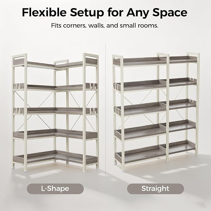 GTPLAYER 5-Tier Corner Bookshelf, L-Shaped Metal Frame Shelf with Tall 14" Shelves, Plant Stand and Storage Rack for Small Spaces, Living Room and Home Office, Grey