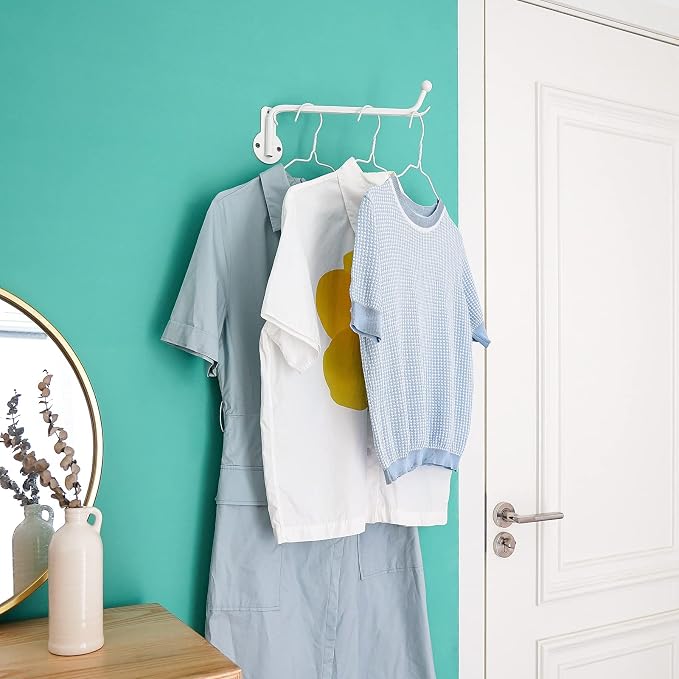 Mkono Wall Mounted Drying Rack Laundry Hook with Swing Arm Valet Rod 2 Pack | White, Laundry Room Organization, Space Saving, Foldable, Easy Install, Wall Clothes Hanger, Closet Bathroom Bedroom Organize