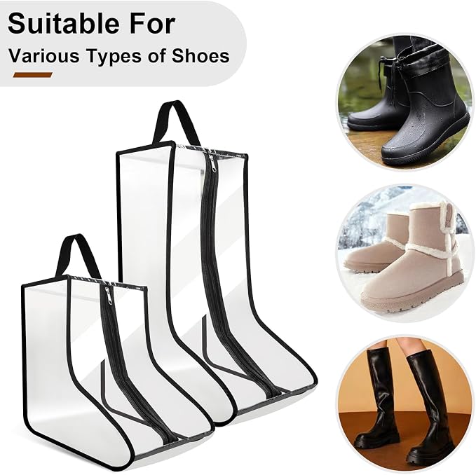 CiBiZi 2Pack Black Boot Bags Organizer for Travel Waterproof Cowboy Boots Bag Portable Shoe Travel Bag for Women Hangable Ski Boot Bag Dust-free Tall Boot Storage Bag (Clear)