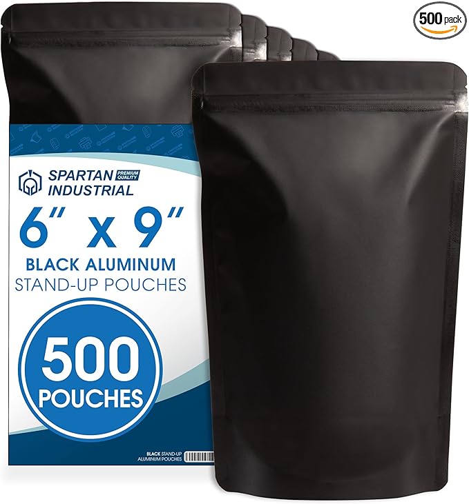 Spartan Industrial 6" X 9" Matte Black Stand-Up Mylar Bags - 500 Count Smell-Proof Bags With Heat Sealable Opening and Resealable Zipper