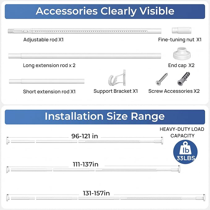 ALLZONE Adjustable Tension Curtain Rod, 40-157 inches, Heavy Duty Curtain Rods No Drilling, Anti-Slip Tension Rod for Window, Shower, Outdoor & Patio, Easy to Install, 1.26In Diameter, White