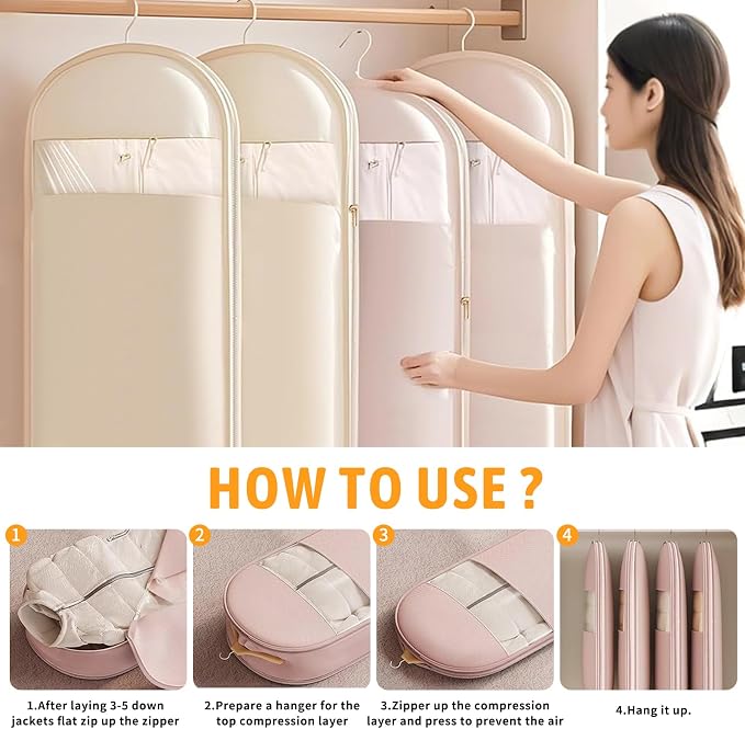 Space Saving Hanging Garment Bag with Self Compression Zipper,Space Saving Hanging Protector for Down Coat, Transparent Visibility Space Savin gown Coat Compression Dust Cover for Closet Storage