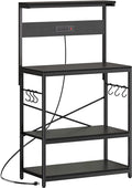 SUPERJARE Bakers Rack with Power Outlets, Microwave Stand, 31.5 X 16.5 Inch Larger Desktop, Kitchen Storage Rack with Adjustable Middle Shelf, 6 S-Shaped Hooks, Coffee Bar Stand, Black