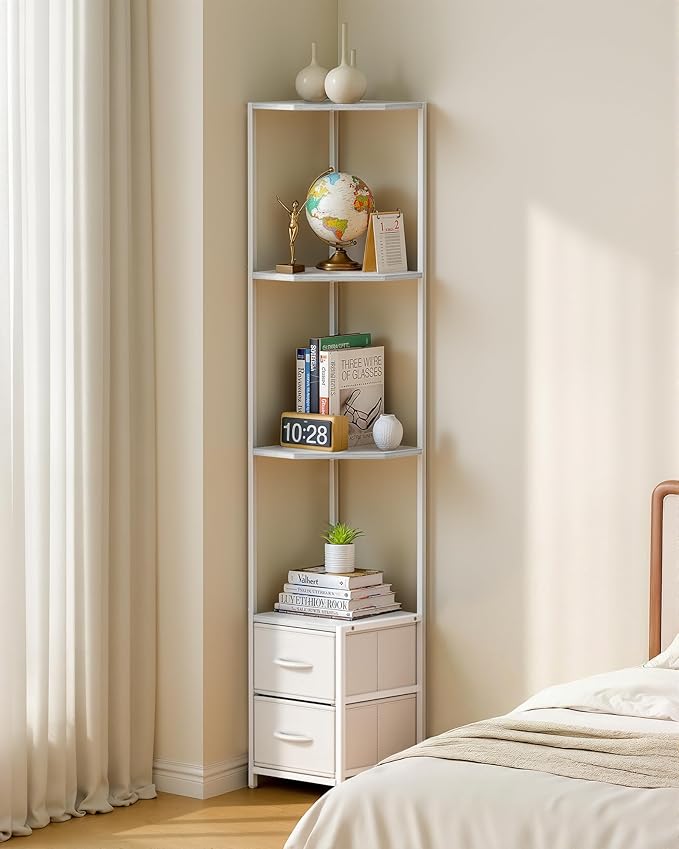 Housolution Corner Shelf Stand with Storage, 63.4'' Tall 6-Tier Corner Bookshelf Includes Fabric Drawers, Freestanding Corners Storage Shelf for Living Room Bedroom Kitchen Bathroom (White)