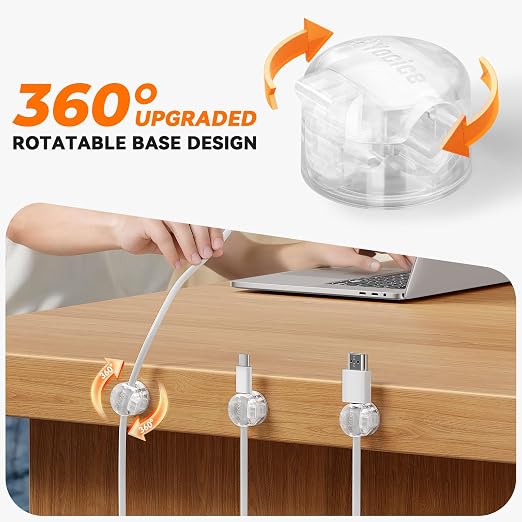 12 Pack Locking Spring Cable Clips, Rotatable Cord Organizer with Secure Lock Design, Adhesive Cord Holder for Desk Home Office Car Wall Charger Cable Management, Clear