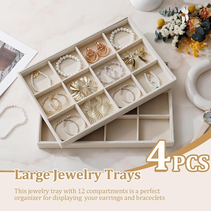 Large Stackable Jewelry Tray 4 Pack Velvet Jewelry Display Drawer Inserts Trays Organizer for Earring Bracelet Necklace Ring (Beige, 12 Grids)