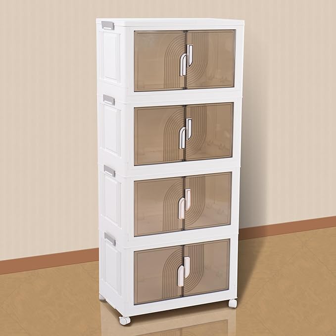 Kozyard Foldable Storage Bins with Lids Stackable Storage Bins with Doors and Wheels Magnetic Dual-Opening Doors Storage Containers for Bedroom, Living Room, Closet, Laundry (White-4Pack)