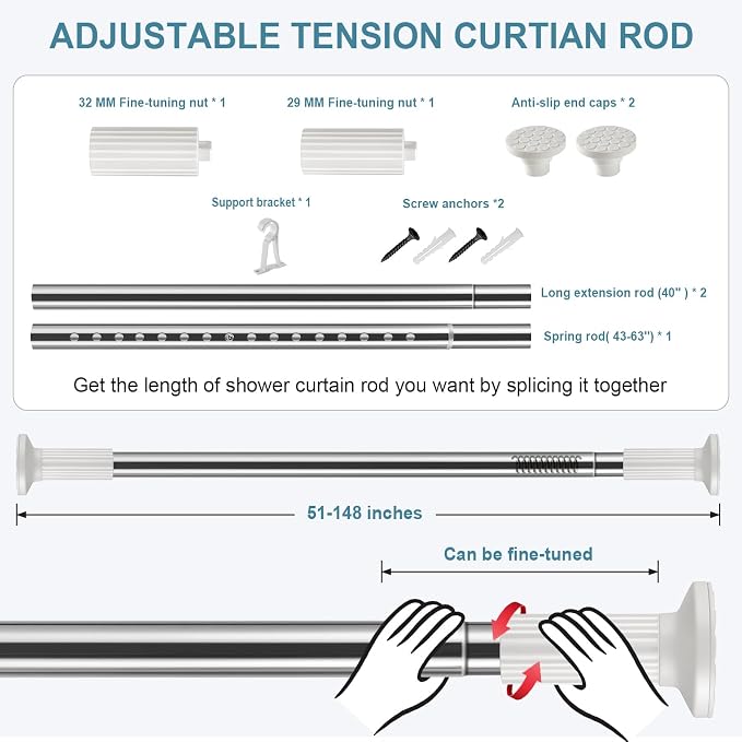 ZOCONE Shower Curtain Rods 51-148 In(4.25-12Ft), Tension Curtain Rods No Drilling, Heavy Duty Long Tension Rod, Outdoor Curtain Rods for Patio, Curtain Pole Christmas Garland Rod, Stainless Steel