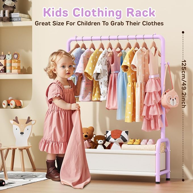 Kids Clothing Rack with Storage Shelf, Kids Dress Up Storage for Coats, Small Baby Garment Rack for Hanging Clothes, Toddler Wardrobe Closet Organizer (Purple, Classic)