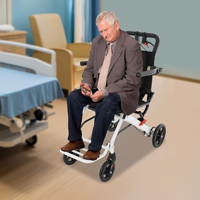 Lightweight Foldable Transport Wheelchair, Portable Transit Travel Wheelchair, Mobility Scooters for Seniors, Aluminum Wheel Chair, Portable Foldable Trolley for Homes