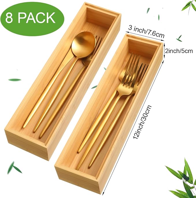 Kigley 8 Pcs Kitchen Bamboo Drawer Organizer Utensil Wooden Silverware Drawer Organizer Utensil Bamboo Storage Box Cutlery Holder Flatware Containers for Kitchen, Bathroom(12 x 3 x 2 Inch,Wood)