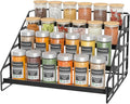Bunoxea 4 Tier Adjustable Spice Rack for Cabinet & Countertop, Black | Depth Adjustable,Anti-drop Guard Rail,Tiered Cabinet Organizer,Holds 24+ Jars,for Cabinet, Pantry & Kitchen Countertop