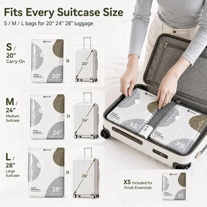 Travel Vacuum Bags with Electric Pump: 18 Pack XS/S/M/L Vacuum Seal Bags for Clothes, up to 80% Space Saver Compression Packing Bags for Suitcase, Carry-On, Cruise, Dorm & Seasonal Storage