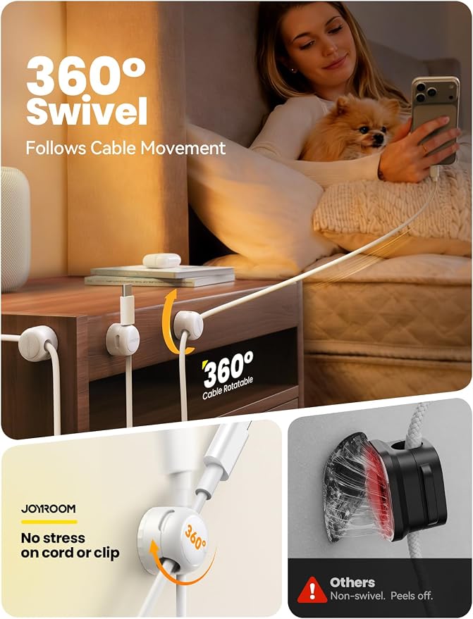 8-Pack JOYROOM Magnetic Cable Clips Organizer [Cord 360° Rotatable] Wire Keeper Holder with Strong Adhesive, Nightstand Desk Cable Management Phone Charger Holder for Car Wall Home Office Accessories