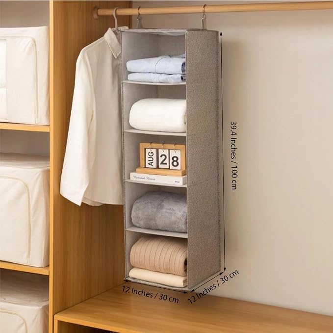 Hanging Closet Organizer with Hook, Collapsible 5 Tier Closet Organizers, Hanging Shelves for Clothes Shoes Towels Sweater 40 * 12 * 12 Inches