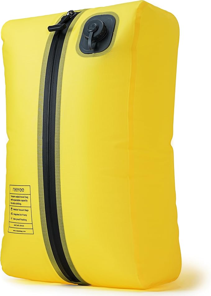 Reeyee Electric Vacuum Compression Bag, 20L Portable Travel Packing Cube with Built-in Pump, Type-C Rechargeable, Waterproof TPU, Saves 60% Space (1, Yellow)