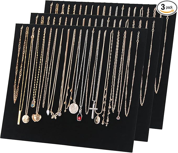 20 Slots Big Necklace Display Board for Selling, Velvet Necklace Jewelry Organizer Stand for Shop Store, Necklace Hanger Holder Rack for Show (3pc Black)
