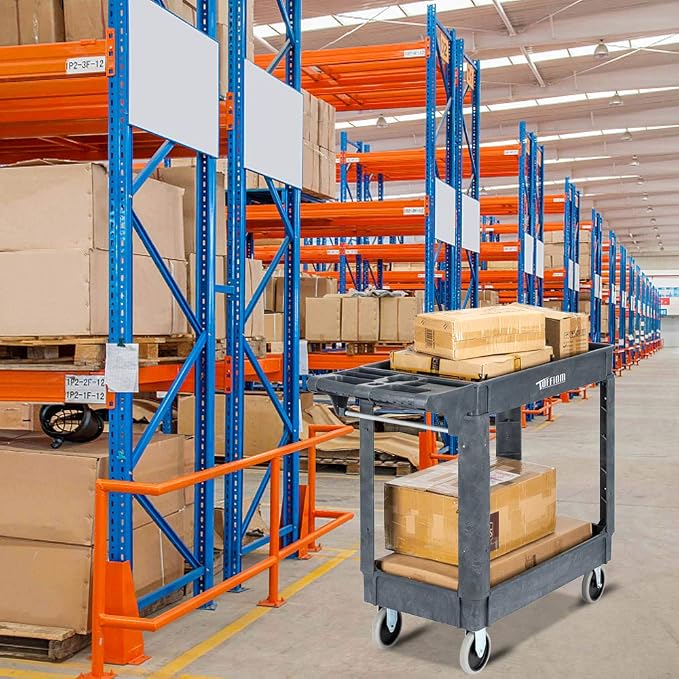 TUFFIOM Plastic Service Utility Cart with Wheels,550lbs Capacity,Heavy Duty Tub Storage Cart W/Deep Shelves, Multipurpose Rolling 2-Tier Mobile Storage Organizer, for Warehouse Garage Industrial Cart