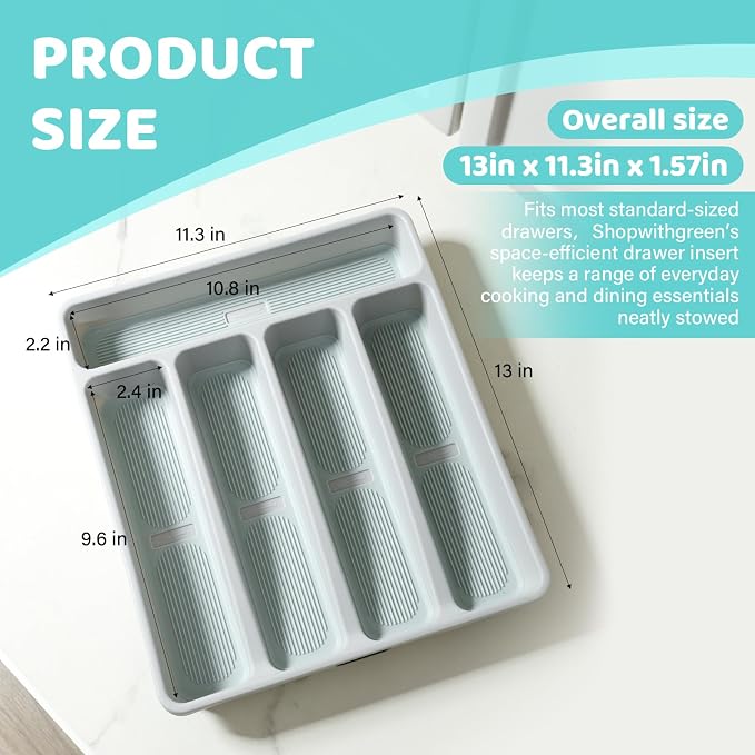 shopwithgreen Silverware Organizer with Cutlery Icons，Silverware Tray for Kitchen Drawer，Plastic Flatware Drawer Organizer Utensil Organizer with Non-slip TPR Linings，5-Compartment Silverware Caddy