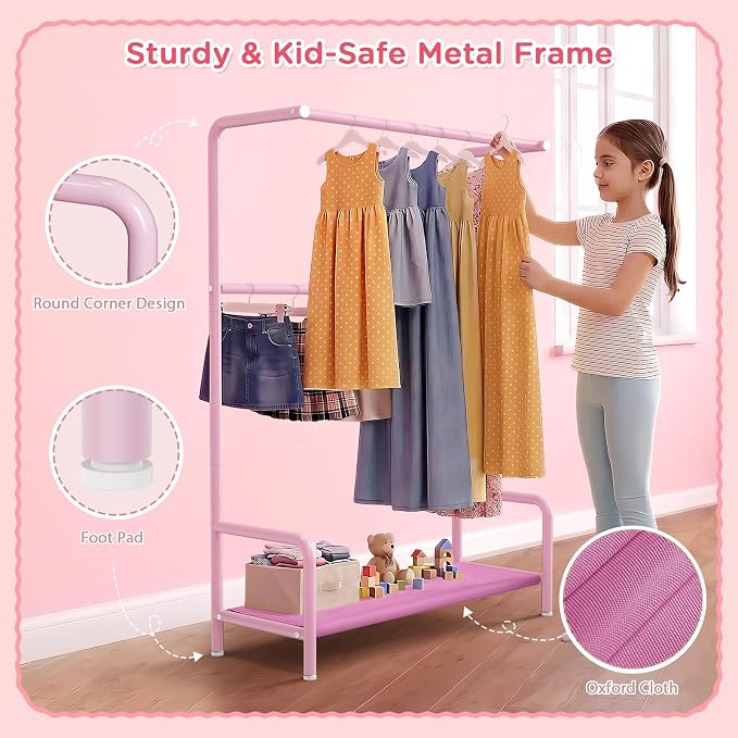 LOVEGRASS Kids Clothing Rack Double Rods for Bedroom Playroom Pink | Double Rod Design, Powder Coated Steel, Bottom Storage Shelf, for Baby Toddler Clothes, Dress Up, Nursery, Bedroom, Playroom